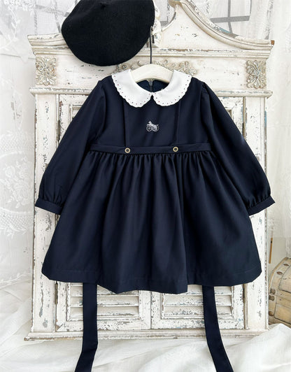 Navy Blue Carriage Embroidered Fall Dress,2T-7T