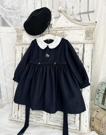 Navy Blue Carriage Embroidered Fall Dress,2T-7T