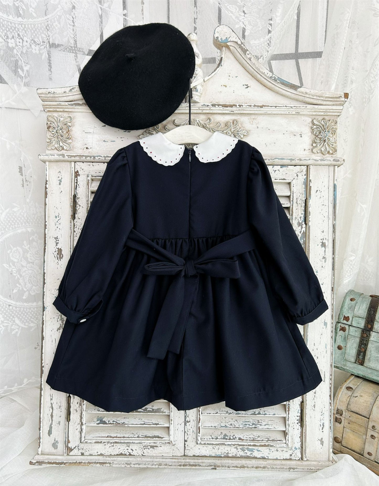 Navy Blue Carriage Embroidered Fall Dress,2T-7T