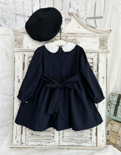 Navy Blue Carriage Embroidered Fall Dress,2T-7T