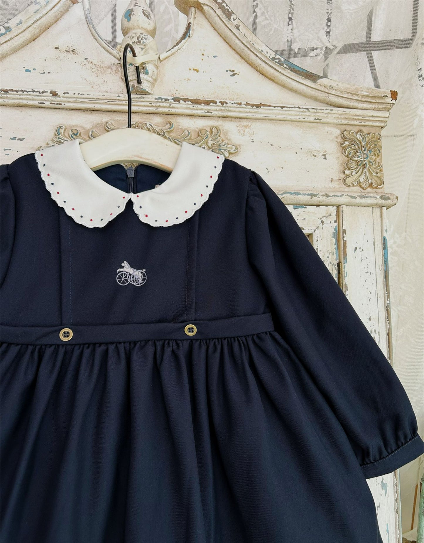 Navy Blue Carriage Embroidered Fall Dress,2T-7T