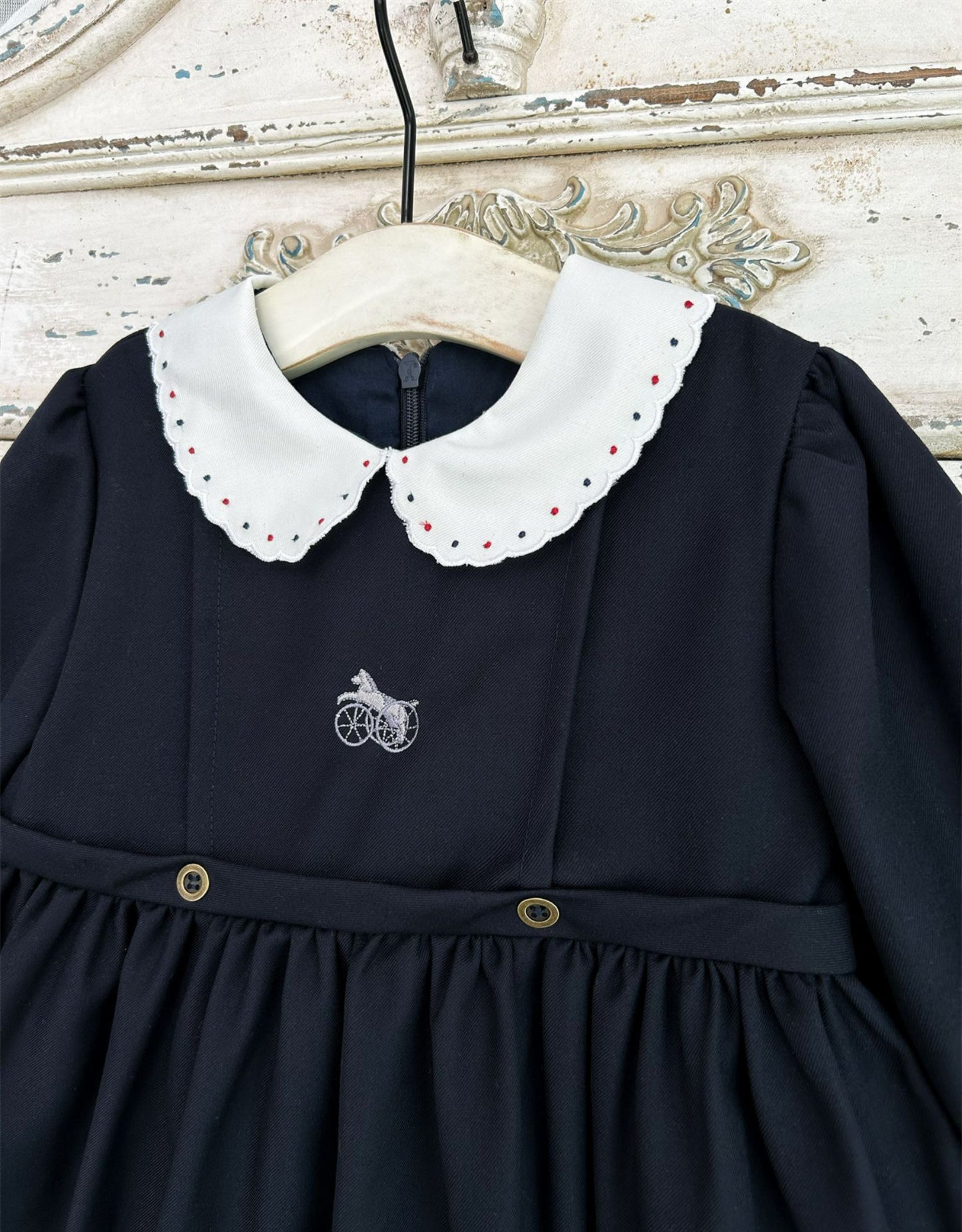 Navy Blue Carriage Embroidered Fall Dress,2T-7T