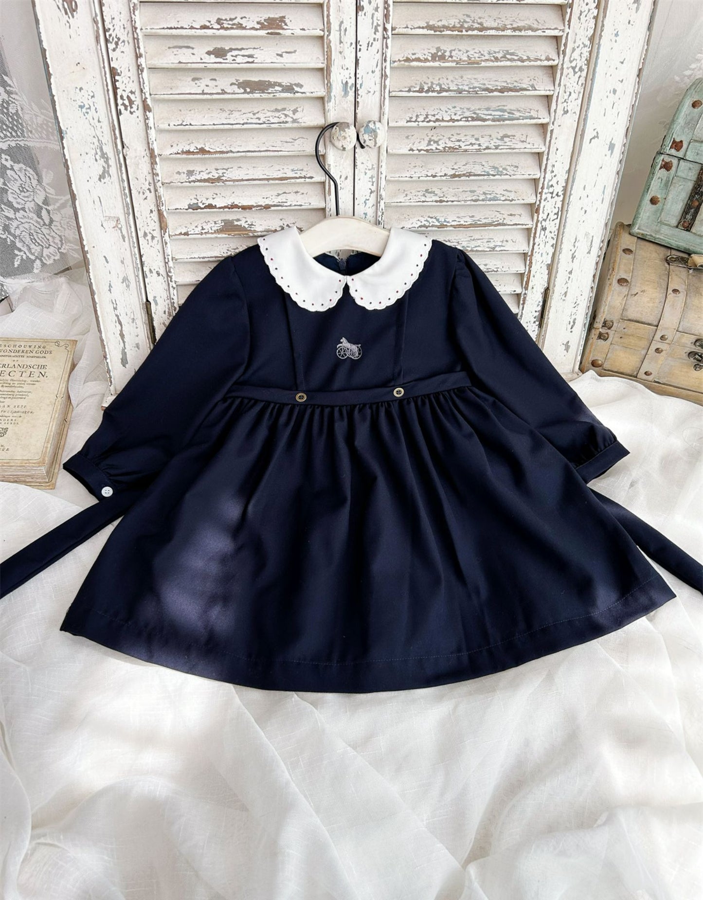 Navy Blue Carriage Embroidered Fall Dress,2T-7T