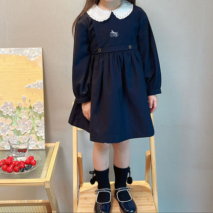 Navy Blue Carriage Embroidered Fall Dress,2T-7T