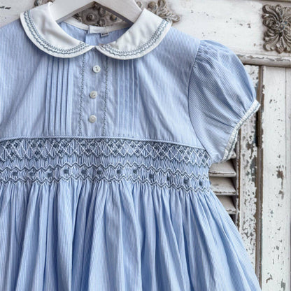 Sky Blue Hand Smocked Dress,2T to 7T
