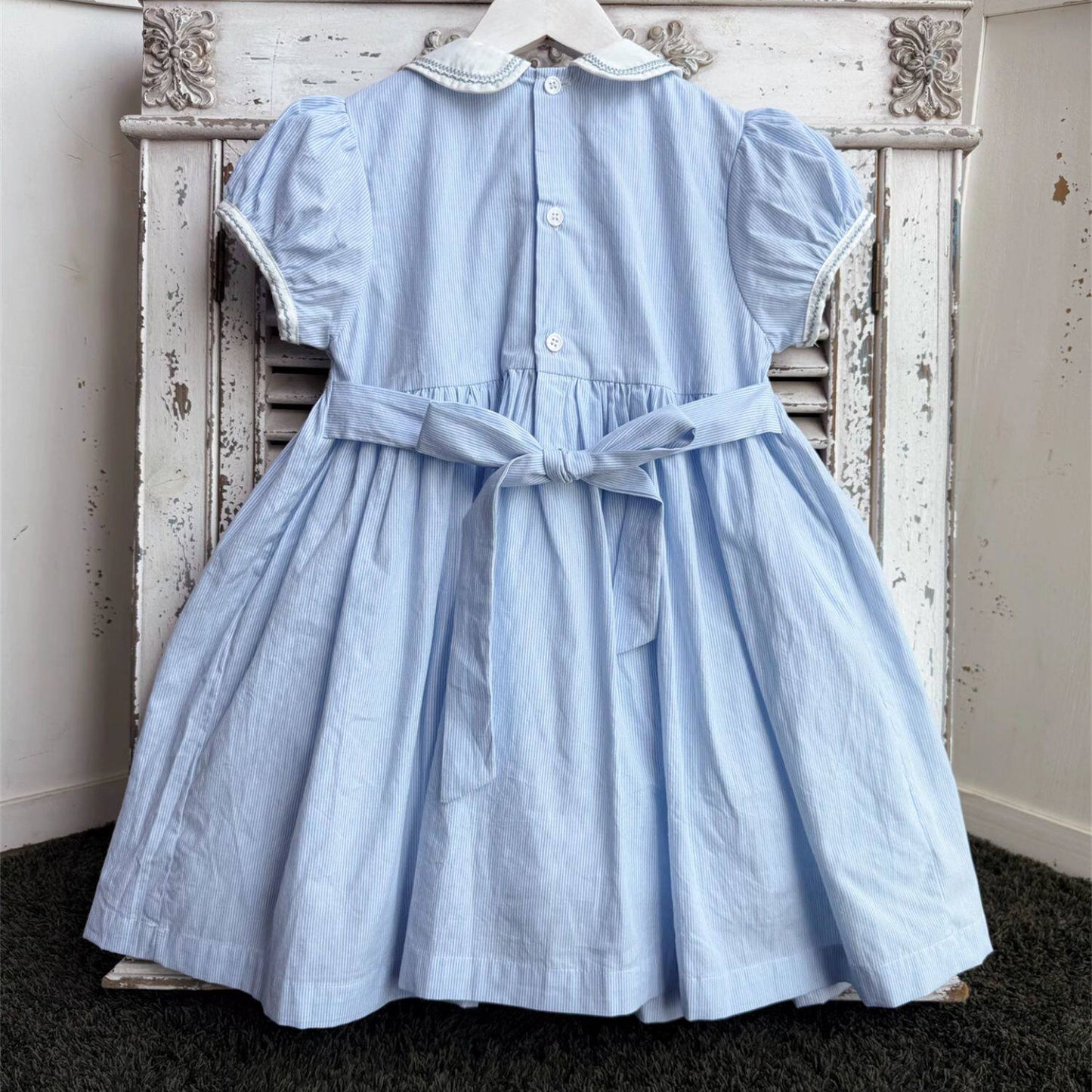 Sky Blue Hand Smocked Dress,2T to 7T