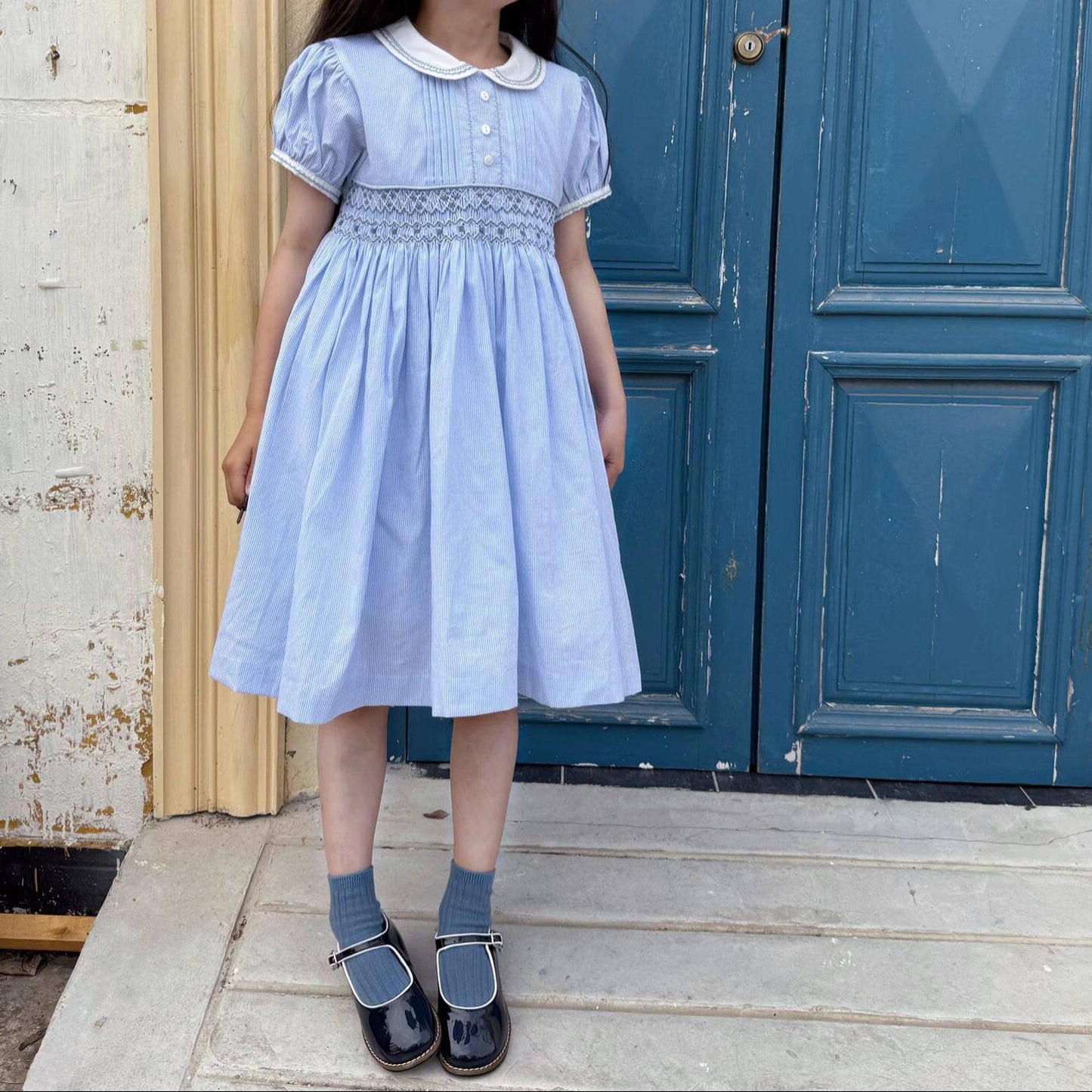Sky Blue Hand Smocked Dress,2T to 7T