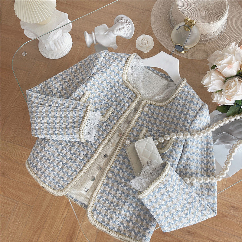 Elegant Blue Tweed Coat for Girls,2T–7T