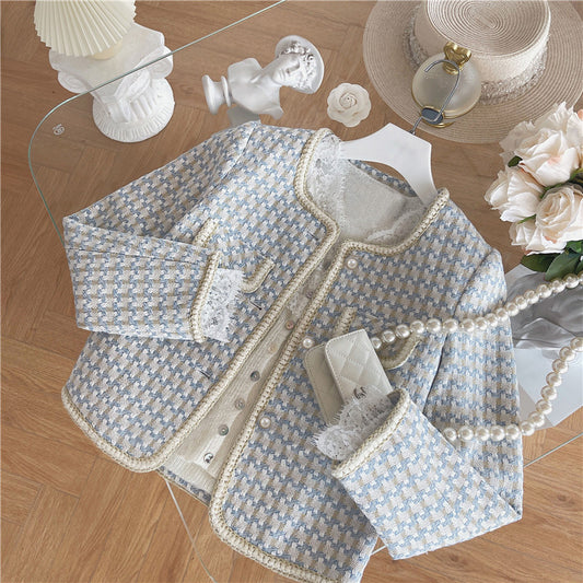 Elegant Blue Tweed Coat for Girls,2T–7T