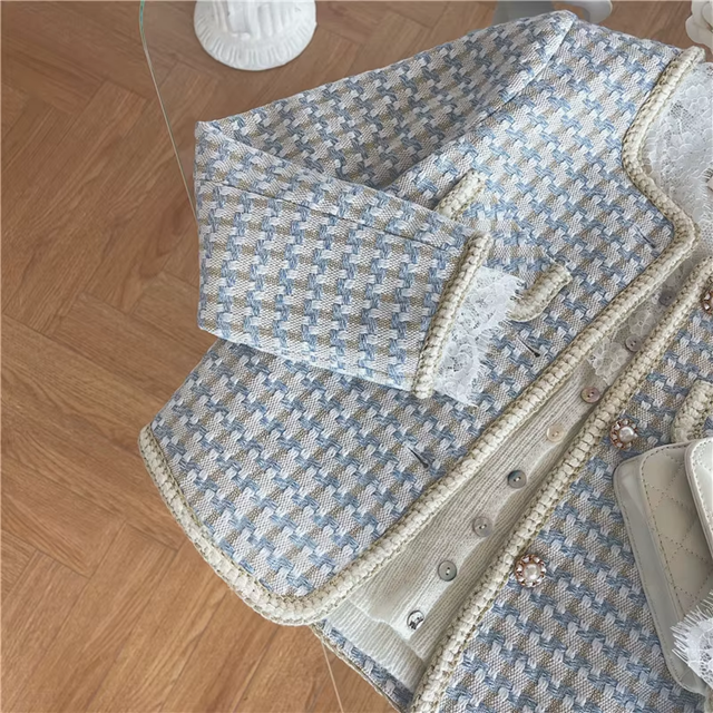 Elegant Blue Tweed Coat for Girls,2T–7T