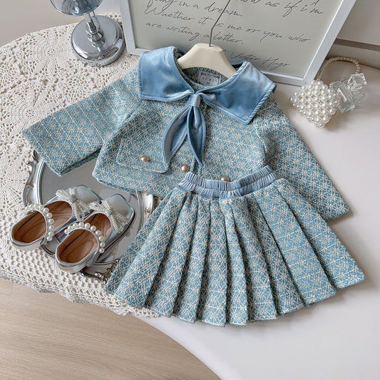 Chic Blue Tweed Coat Set for Girls,2T–7T