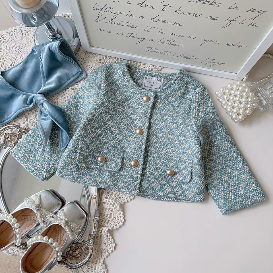 Chic Blue Tweed Coat Set for Girls,2T–7T