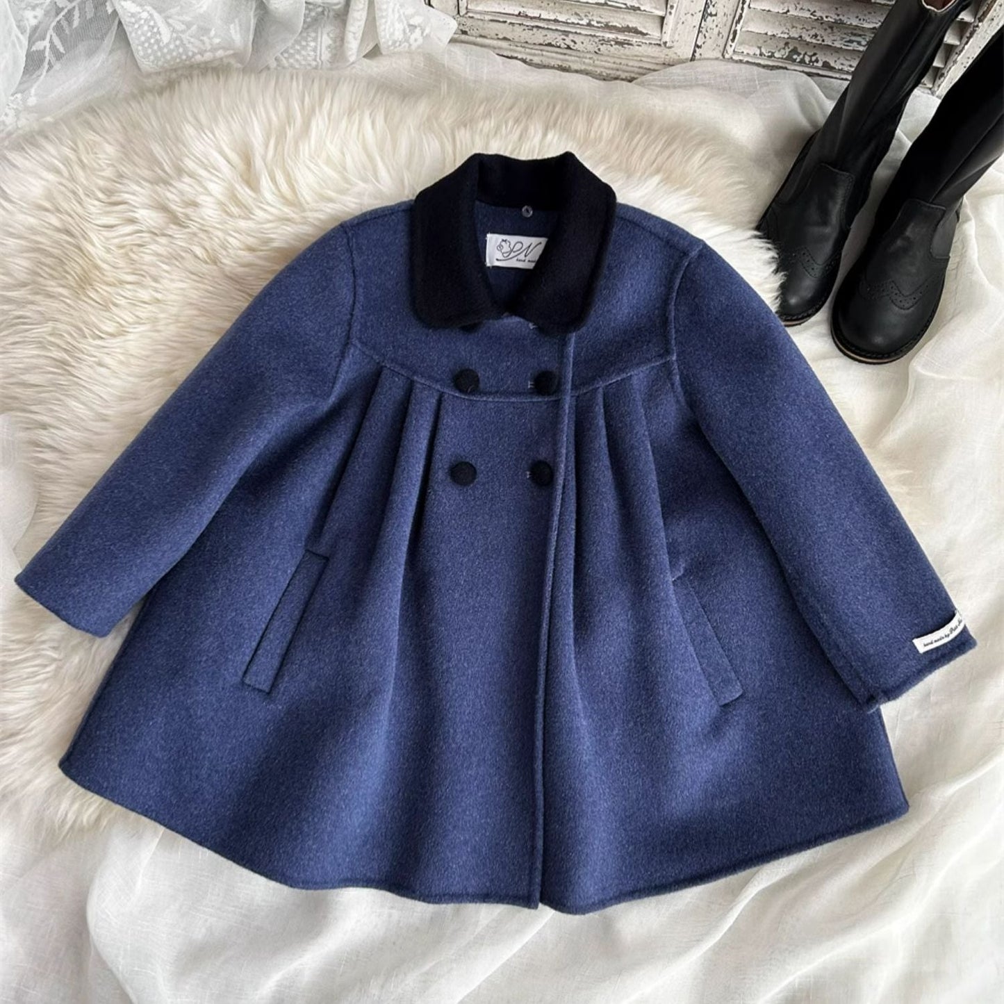 Elegant Double-Breasted Coat- 100% Pure Wool,2T to 5T