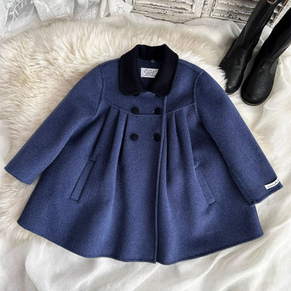 Elegant Double-Breasted Coat- 100% Pure Wool,2T to 5T