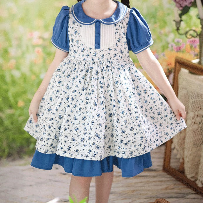 Blue Floral Peter Pan Collar Dress,2T to 7T.