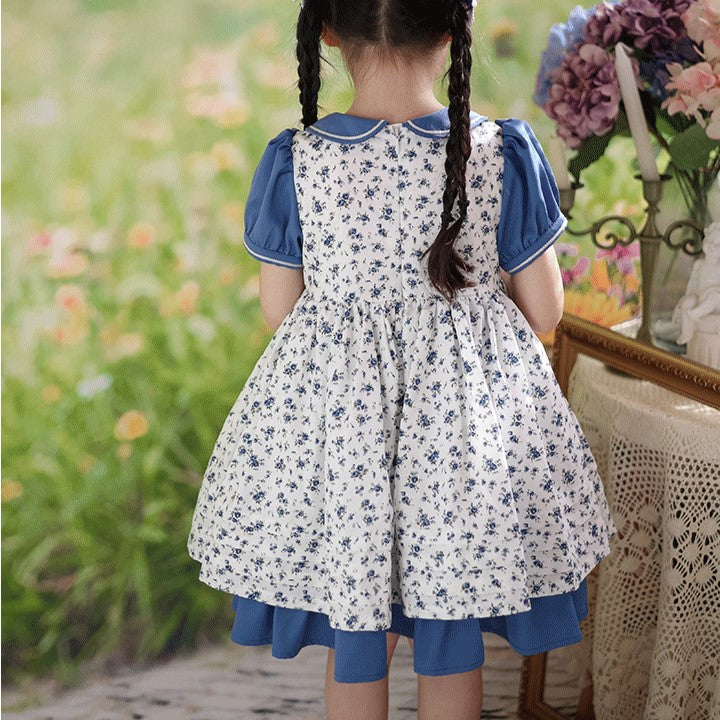 Blue Floral Peter Pan Collar Dress,2T to 7T.
