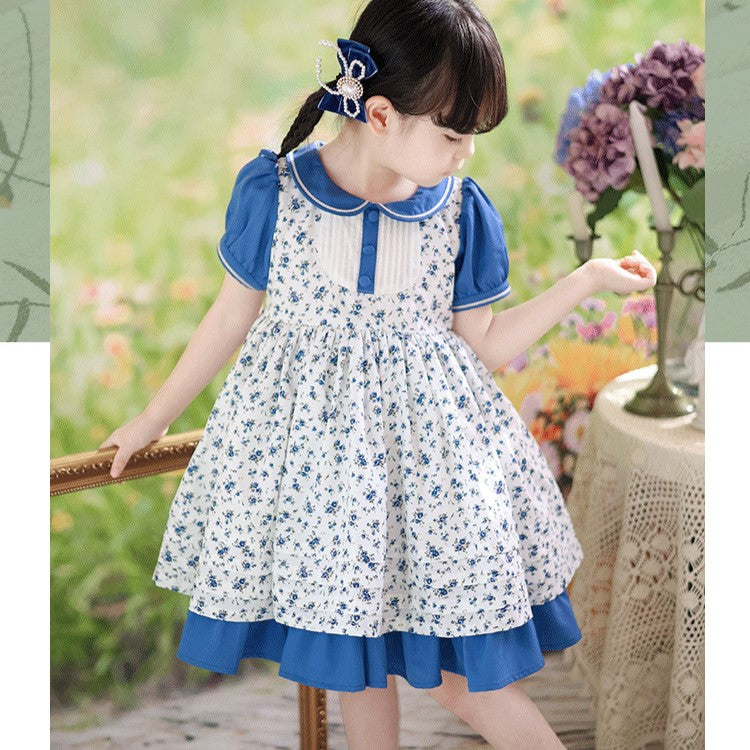 Blue Floral Peter Pan Collar Dress,2T to 7T.