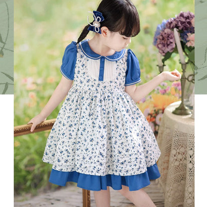 Blue Floral Peter Pan Collar Dress,2T to 7T.