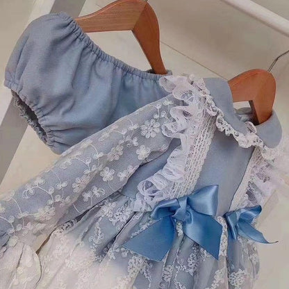 Blue Bow Dress With Lace & Embroidery,12M to 10T