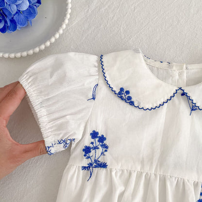 Blue Blossom Embroidered Dress & Romper,3M - 6T.