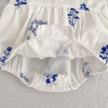 Blue Blossom Embroidered Dress & Romper,3M - 6T.