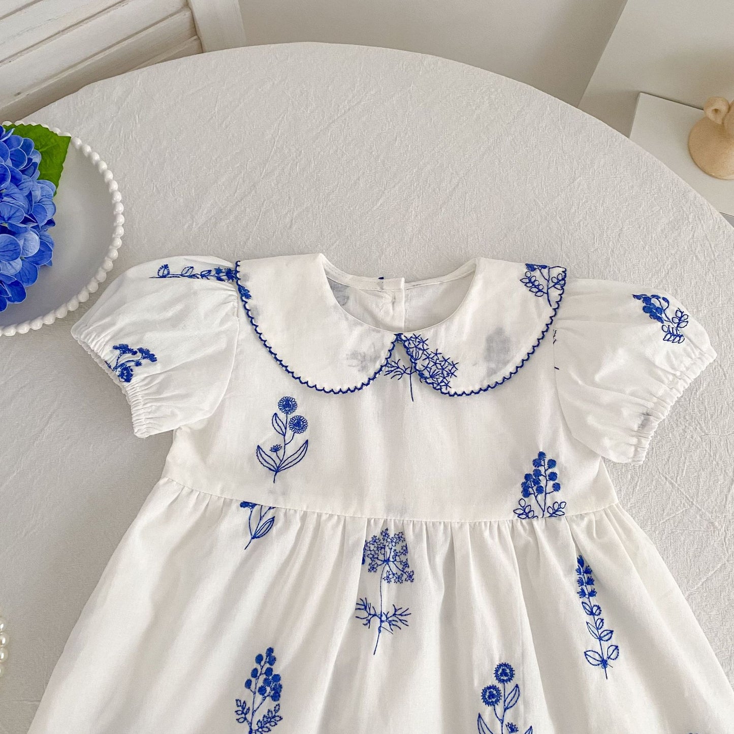 Blue Blossom Embroidered Dress & Romper,3M - 6T.