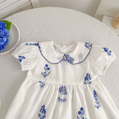 Blue Blossom Embroidered Dress & Romper,3M - 6T.