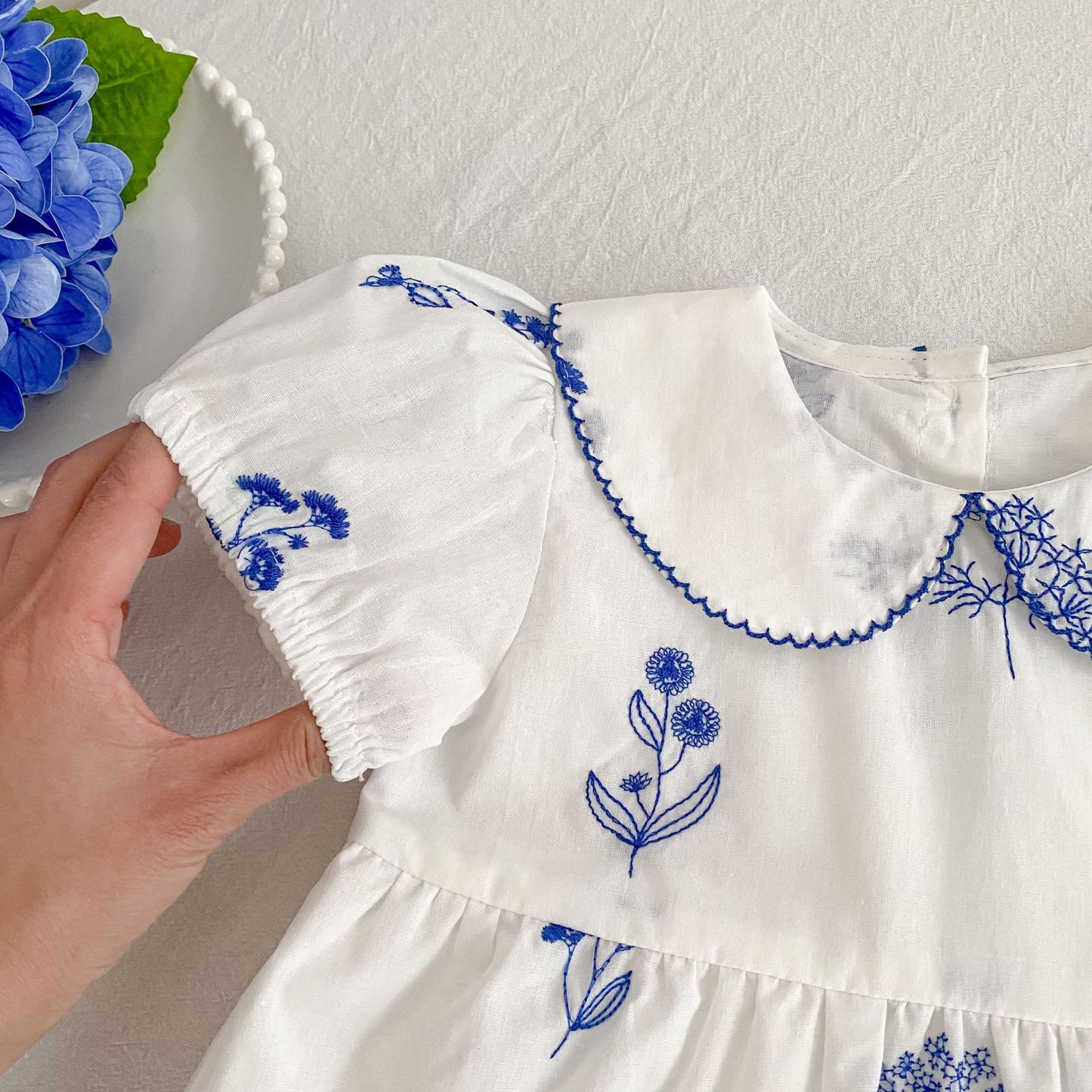 Blue Blossom Embroidered Dress & Romper,3M - 6T.