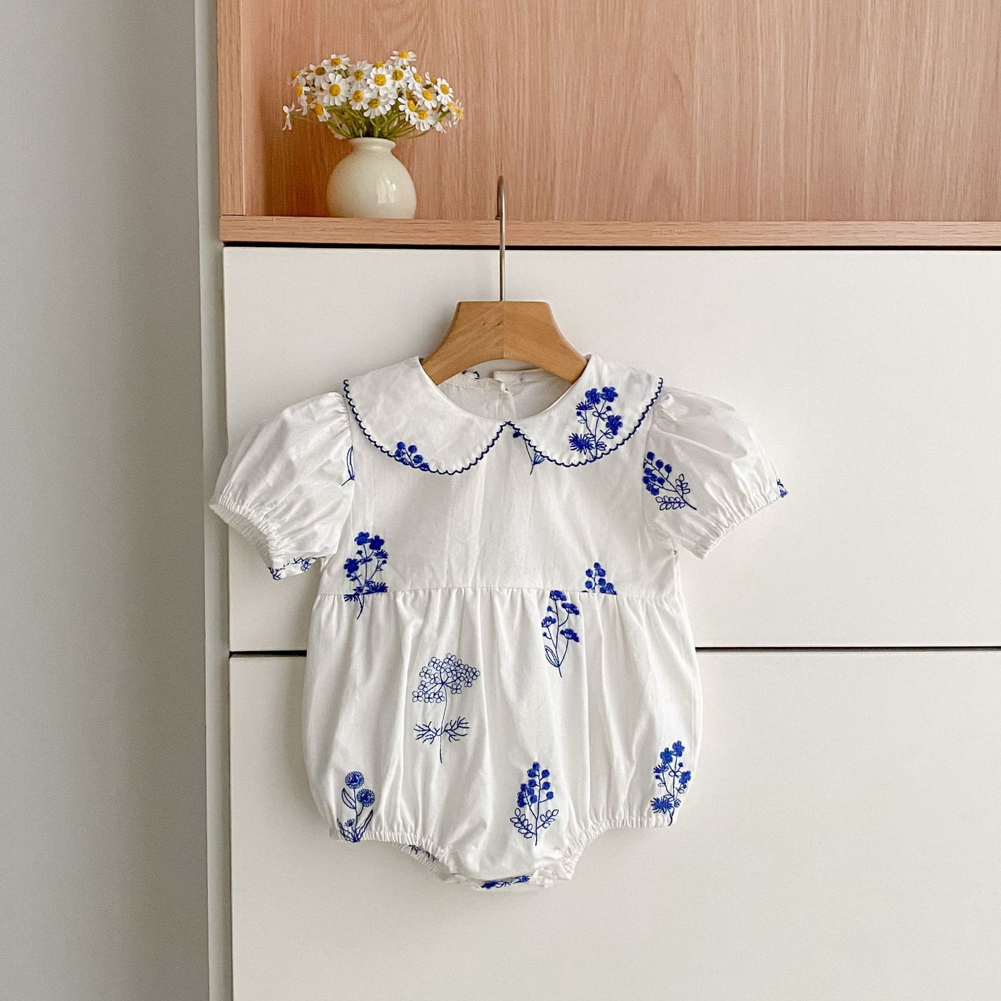 Blue Blossom Embroidered Dress & Romper,3M - 6T.