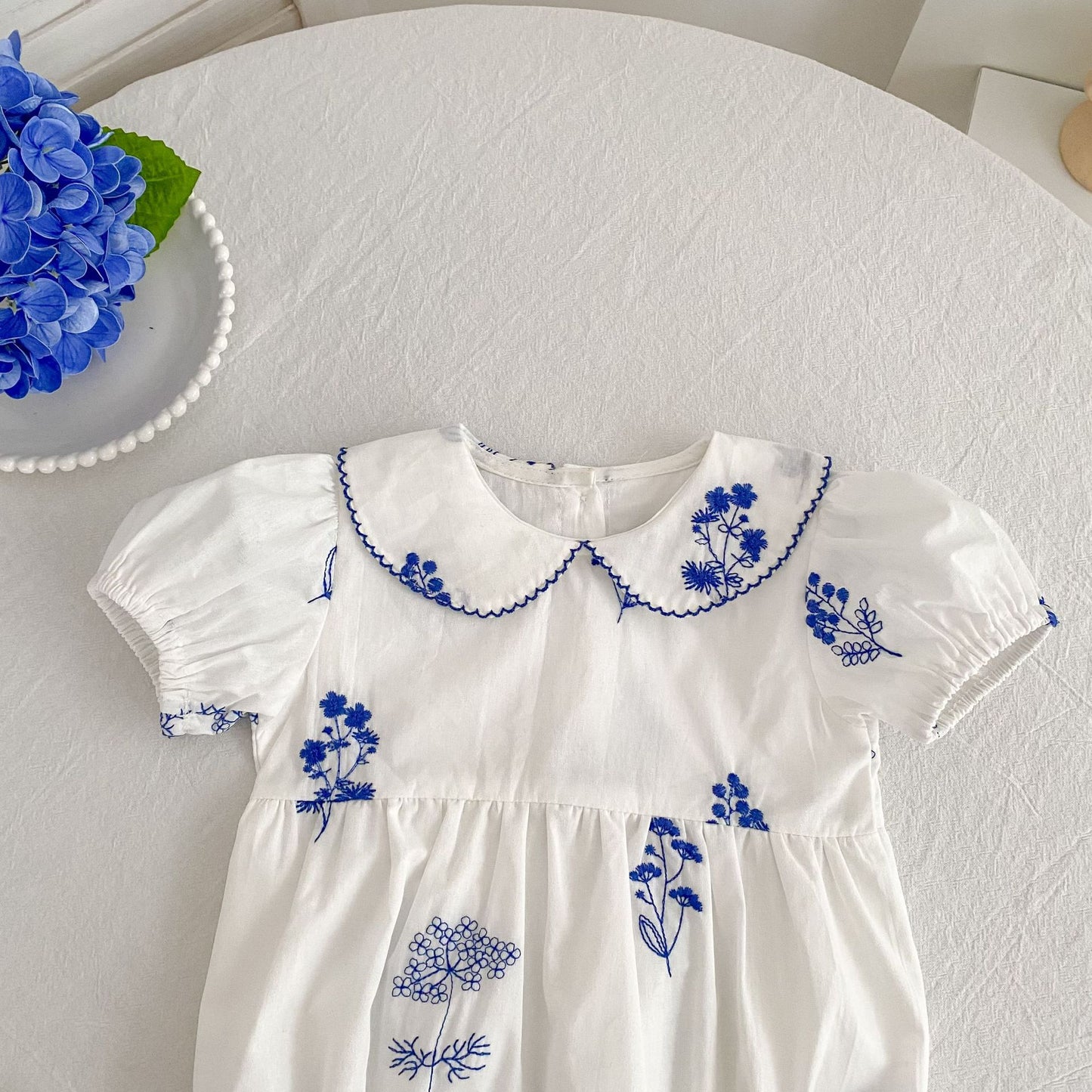 Blue Blossom Embroidered Dress & Romper,3M - 6T.