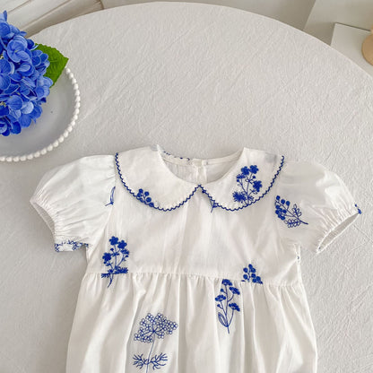 Blue Blossom Embroidered Dress & Romper,3M - 6T.