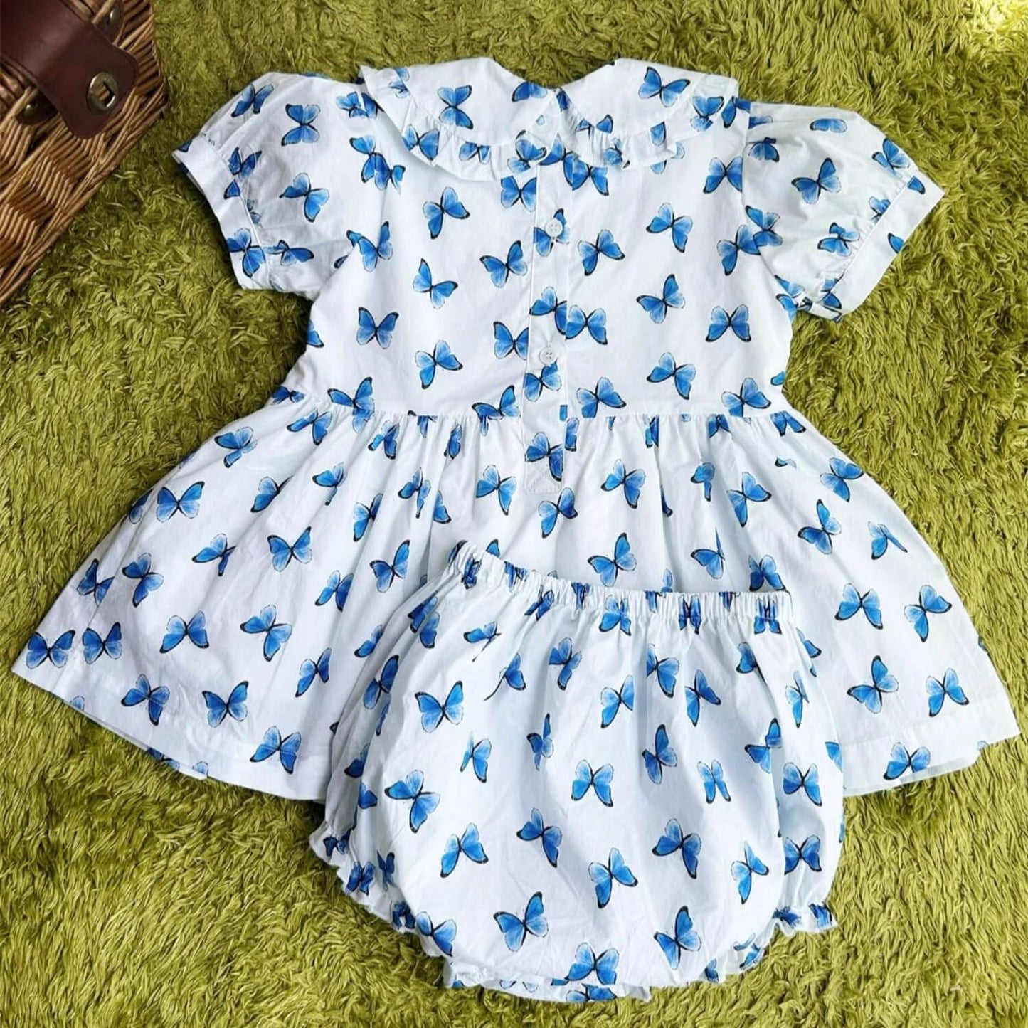 Butterfly Print Blue Hand Smocked Dress,2T to 7T.