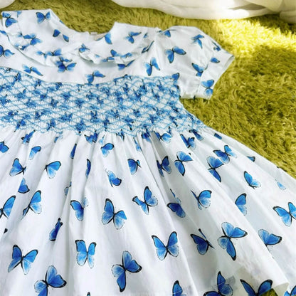 Butterfly Print Blue Hand Smocked Dress,2T to 7T.