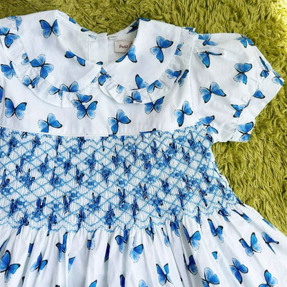 Butterfly Print Blue Hand Smocked Dress,2T to 7T.