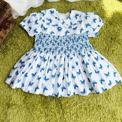 Butterfly Print Blue Hand Smocked Dress,2T to 7T.