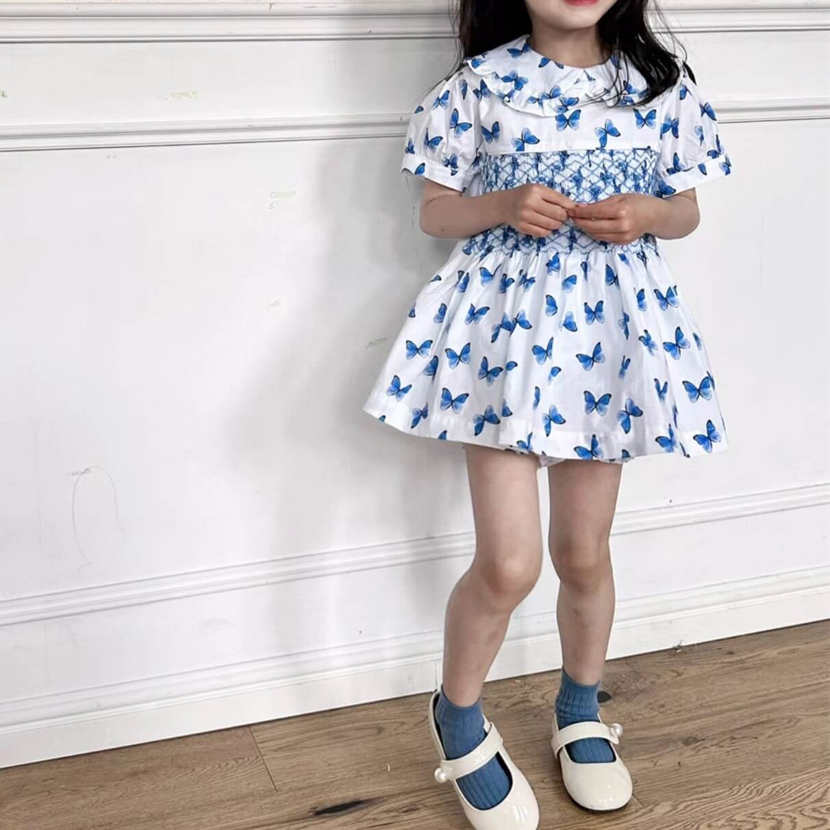Butterfly Print Blue Hand Smocked Dress,2T to 7T.