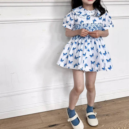Butterfly Print Blue Hand Smocked Dress,2T to 7T.
