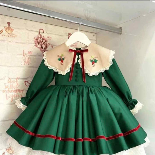 Handmade Holiday Green Dress, 6M to 8T