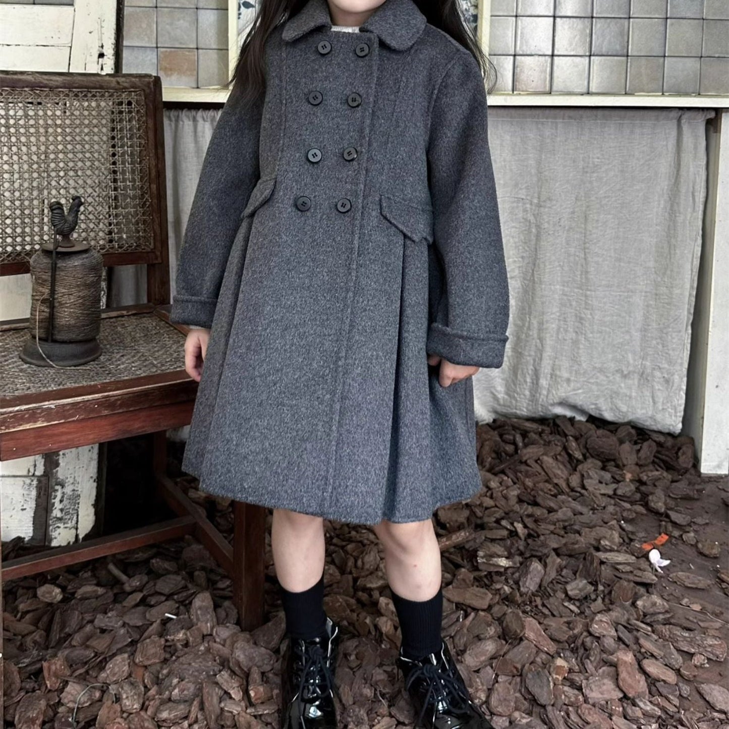 Classic Wool Double-Breasted Coat,2T to 8T