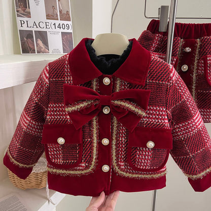 Red Plaid Quilted Coat Set,2T to 7T.