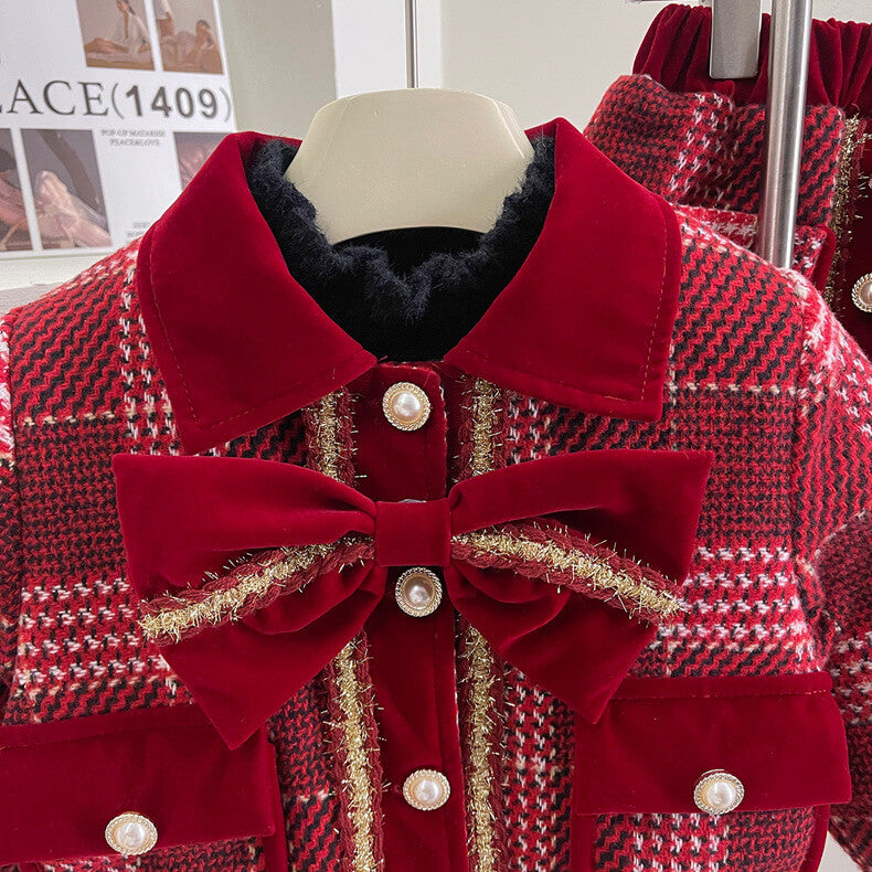 Red Plaid Quilted Coat Set,2T to 7T.