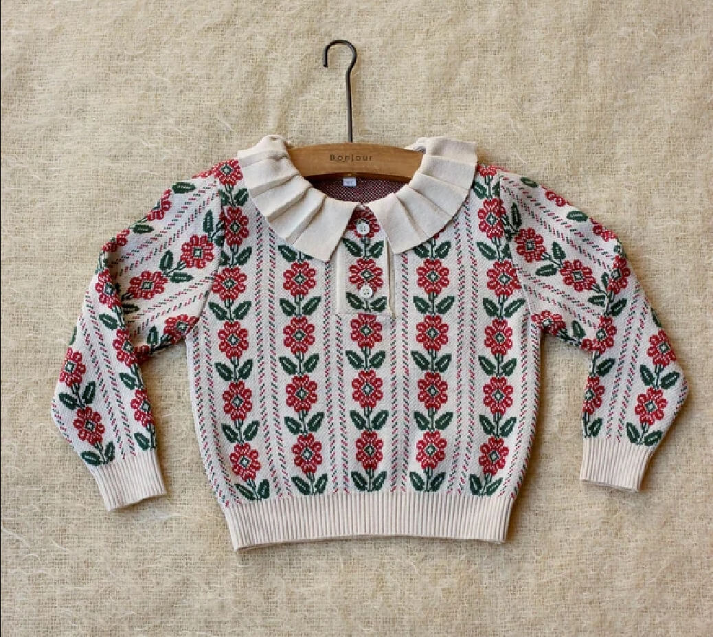 Cute Vintage Sweaters, Floral/Red,2T to 8T.