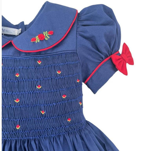 Hand-Smocked & Embroidered Navy Dress with Red Accents,12M to 12T