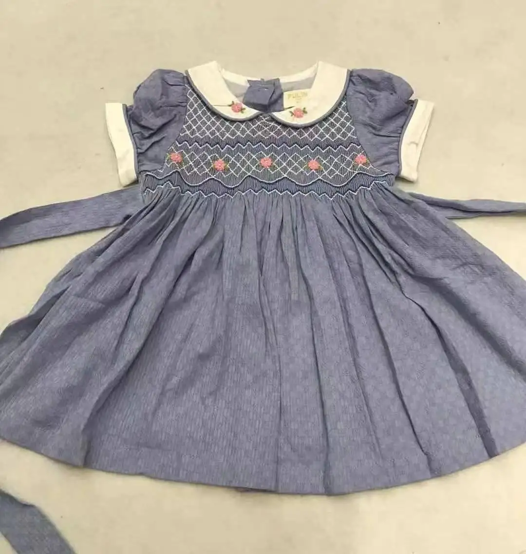 Beautiful Hand Smocked Dress,Pink/Sky Blue,12M to 6T.