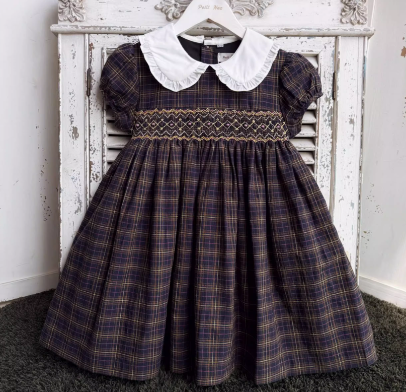 Hand Smocked Dark Plaid Dress,2T to 7T.