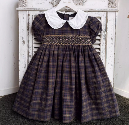 Hand Smocked Dark Plaid Dress,2T to 7T.