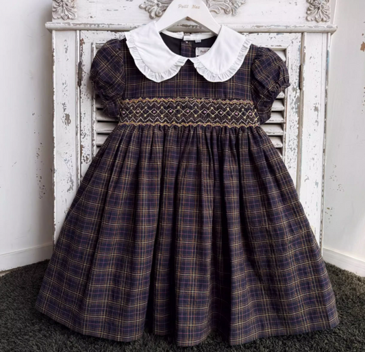 Hand Smocked Dark Plaid Dress,2T to 7T.