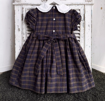 Hand Smocked Dark Plaid Dress,2T to 7T.
