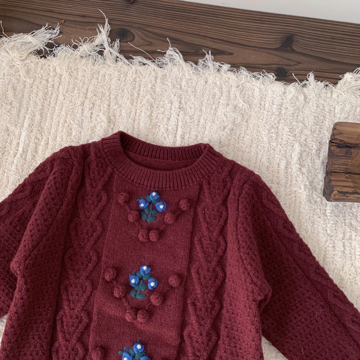 Hand-Embroidered Deep Red Woolen Sweater,6M to 4T.