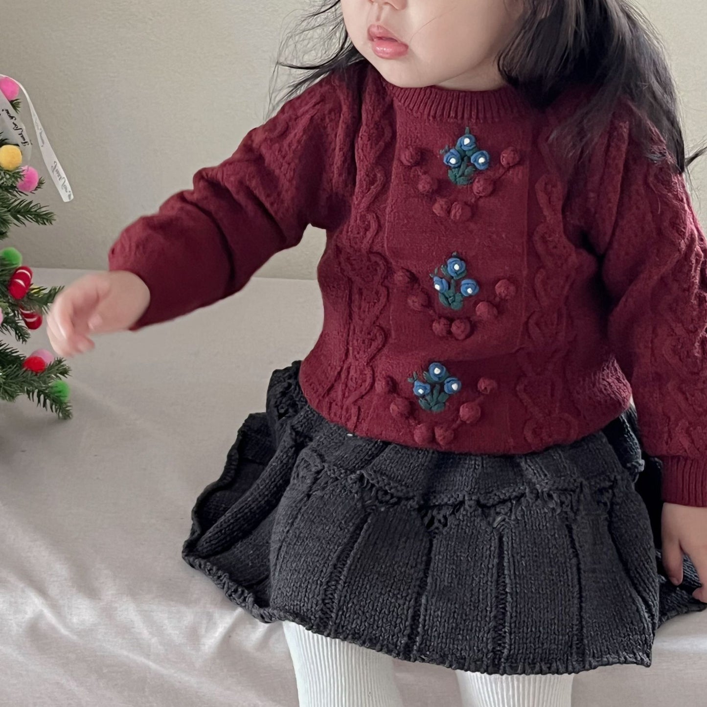 Hand-Embroidered Deep Red Woolen Sweater,6M to 4T.